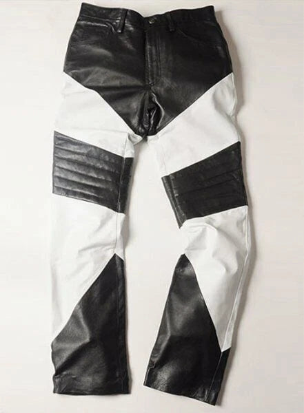 Men's Black & White Full-Grain Original Leather Pants - Premium Colorblock Moto Style