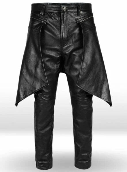 Men's Black Full-Grain Original Leather Premium Pants - Avant-Garde with Detachable Apron Overlay