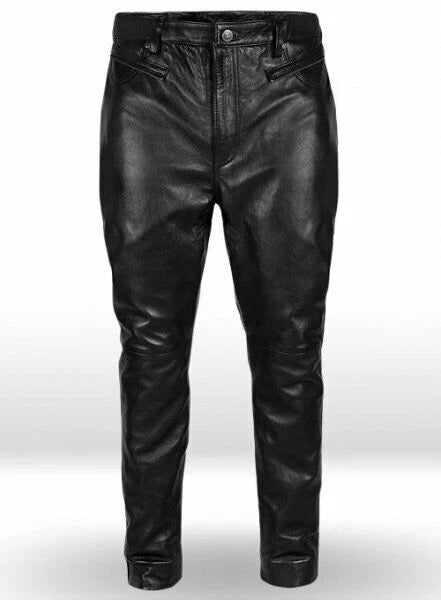 Men's Black Full-Grain Original Leather Premium Pants - Avant-Garde with Detachable Apron Overlay