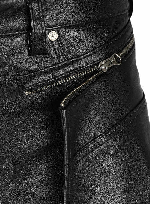 Men's Black Full-Grain Original Leather Premium Pants - Avant-Garde with Detachable Apron Overlay