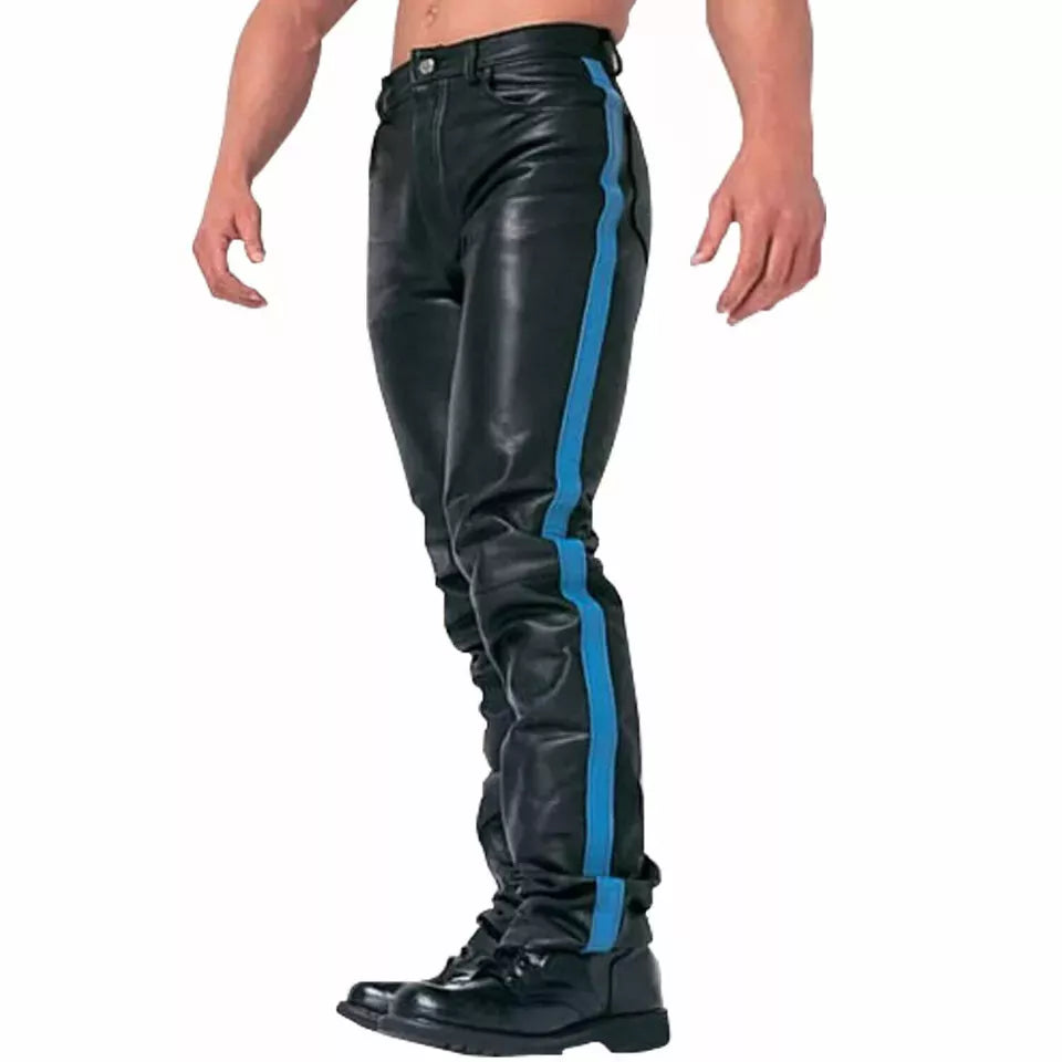 Men's Black Full-Grain Leather Pants - Slim Fit with Blue Racing Stripe