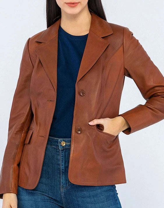 Women's Tan Leather Original  Blazer - Premium Full-Grain Leather Jacket
