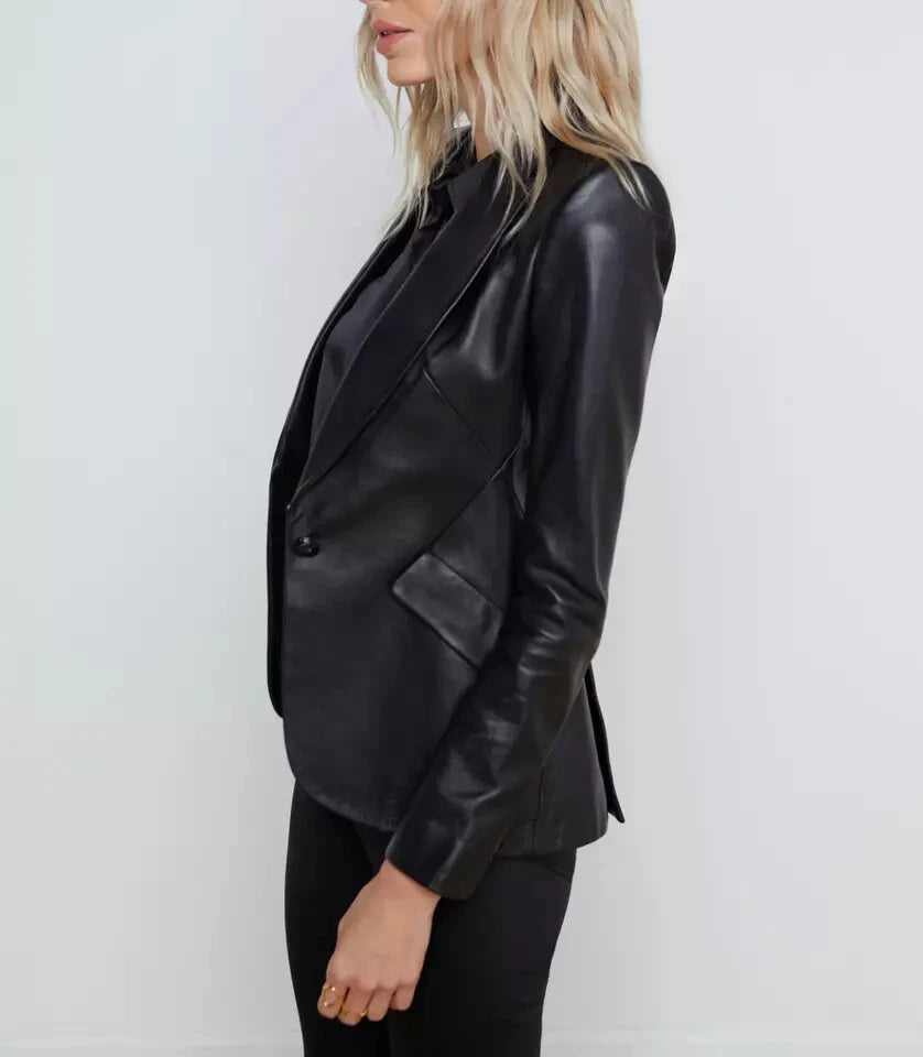 Women's Black Original Leather Blazer - Premium Full-Grain Leather Jacket
