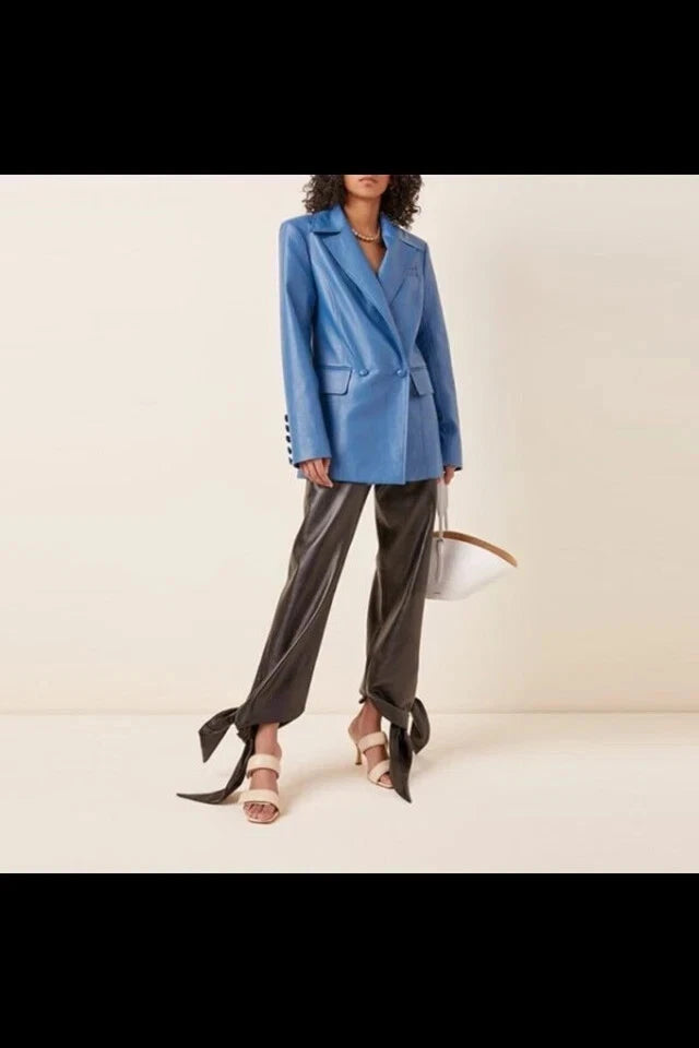 Women's Blue Leather Original Blazer - Premium Full-Grain Leather Jacket