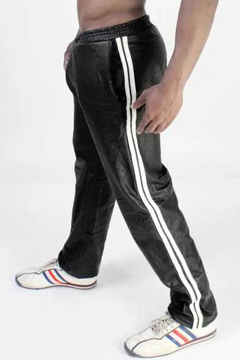 Men Black Full-Grain Leather Track Pants - Relaxed Fit with White Racing Stripes