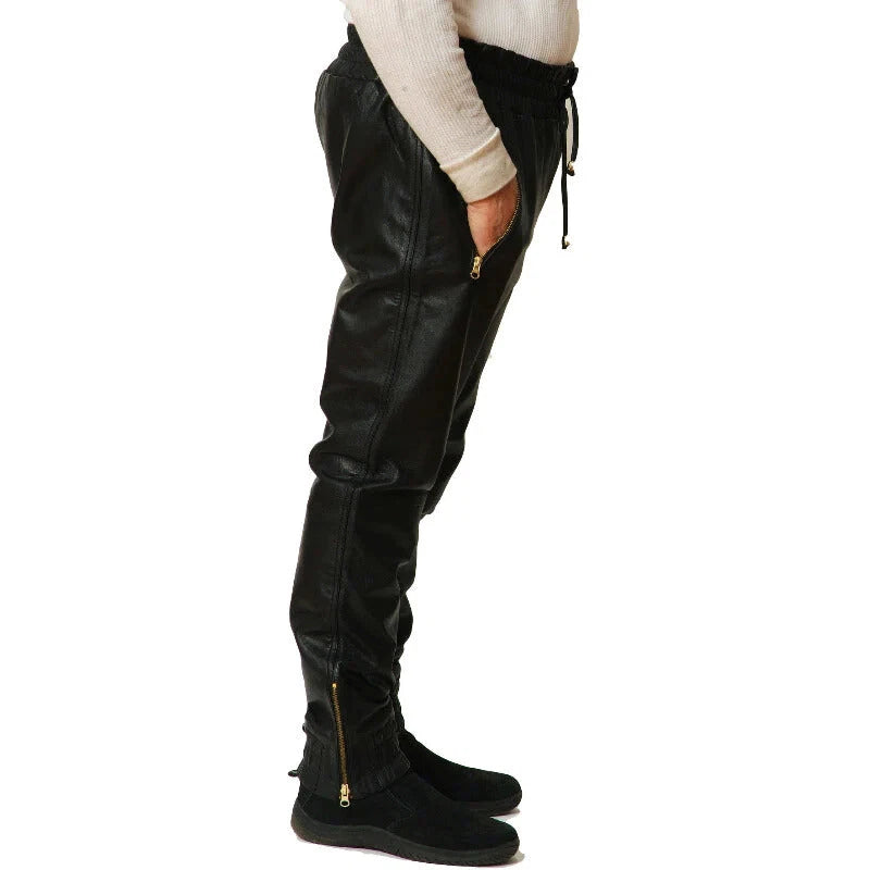 Men Black Full-Grain Original Leather Joggers - Relaxed Fit with Zipper Pockets
