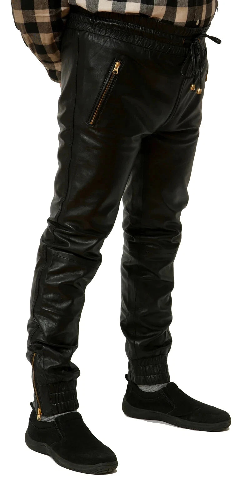 Men Black Full-Grain Original Leather Joggers - Relaxed Fit with Zipper Pockets