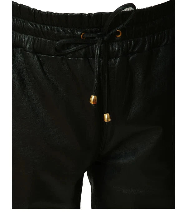 Men Black Full-Grain Original Leather Joggers - Relaxed Fit with Zipper Pockets