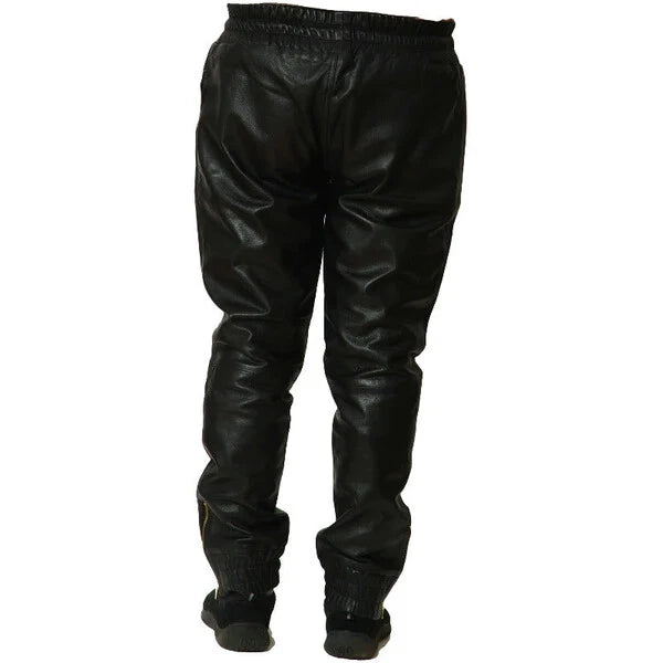 Men Black Full-Grain Original Leather Joggers - Relaxed Fit with Zipper Pockets