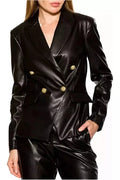 Women's Black Original Leather Blazer with Gold Buttons - Premium Full-Grain Leather Jacket