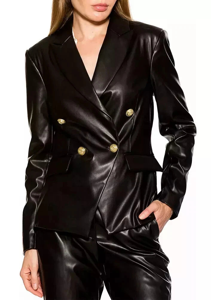 Women's Black Original Leather Blazer with Gold Buttons - Premium Full-Grain Leather Jacket
