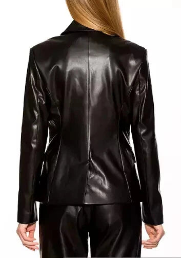 Women's Black Original Leather Blazer with Gold Buttons - Premium Full-Grain Leather Jacket