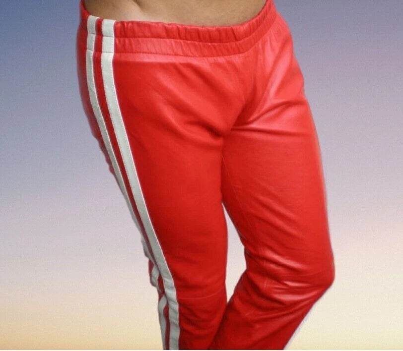Men's Red Original Leather Track Pants with White Stripe - Premium Full-Grain Handcrafted