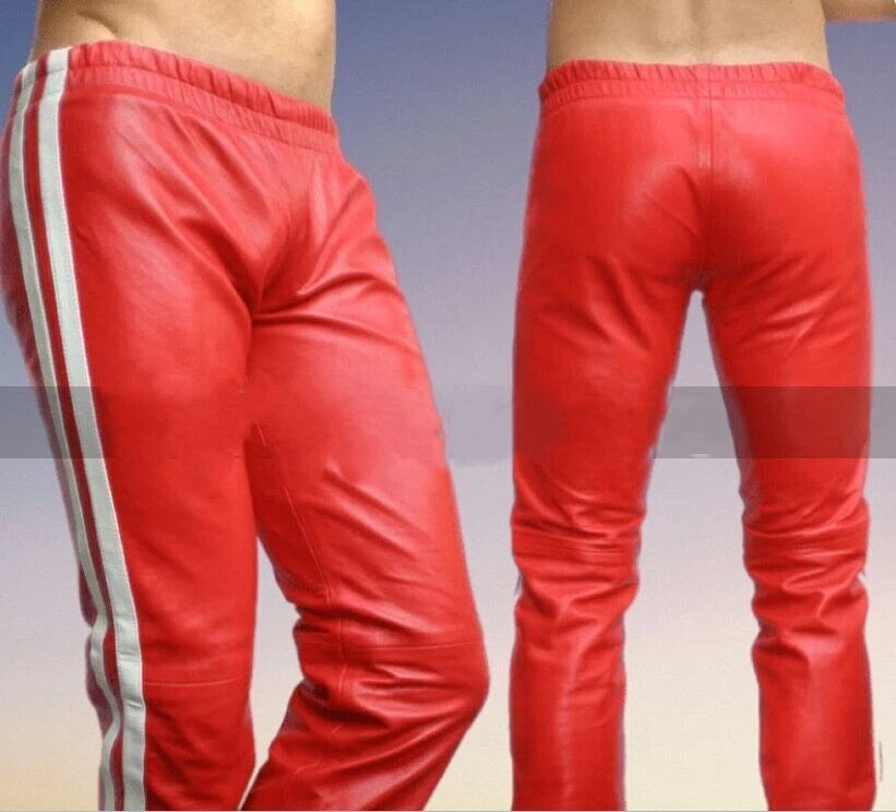 Men's Red Original Leather Track Pants with White Stripe - Premium Full-Grain Handcrafted
