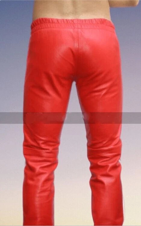 Men's Red Original Leather Track Pants with White Stripe - Premium Full-Grain Handcrafted