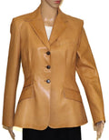 Women's Tan Original Leather Blazer - Premium Full-Grain Leather Jacket with Button Details