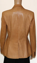 Women's Tan Original Leather Blazer - Premium Full-Grain Leather Jacket with Button Details