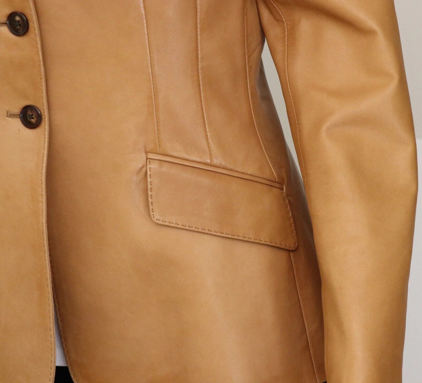 Women's Tan Original Leather Blazer - Premium Full-Grain Leather Jacket with Button Details