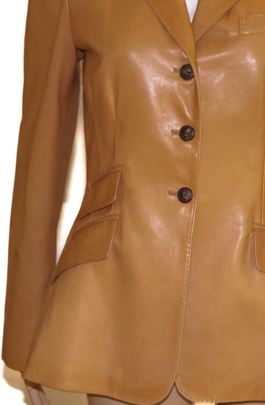 Women's Tan Original Leather Blazer - Premium Full-Grain Leather Jacket with Button Details