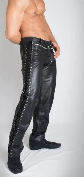 Men's Black Original Leather Pants with Side Lace-Up Detail - Premium Full-Grain Handcrafted