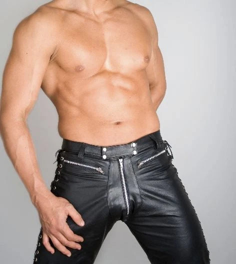 Men's Black Original Leather Pants with Side Lace-Up Detail - Premium Full-Grain Handcrafted