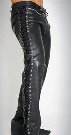 Men's Black Original Leather Pants with Side Lace-Up Detail - Premium Full-Grain Handcrafted