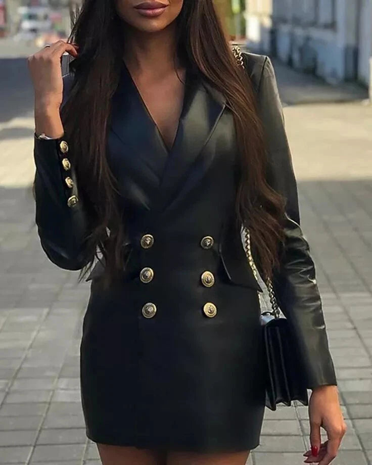 Women's Black Original Leather Blazer Dress with Gold Buttons - Premium Full-Grain Leather Jacket