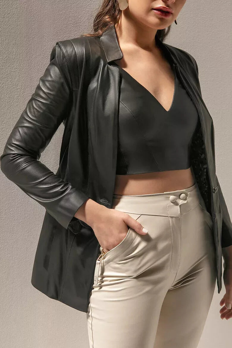 Women's Black Leather Original Blazer with Pleated Details - Premium Full-Grain Leather Jacket