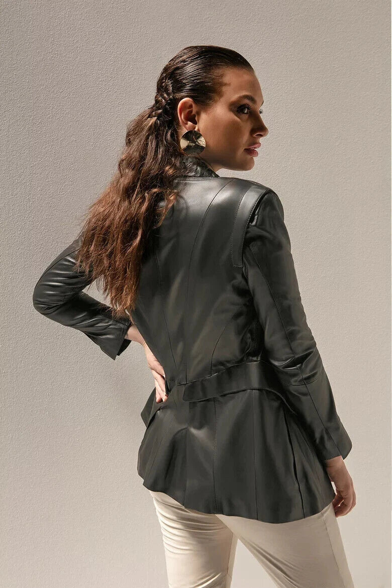 Women's Black Leather Original Blazer with Pleated Details - Premium Full-Grain Leather Jacket