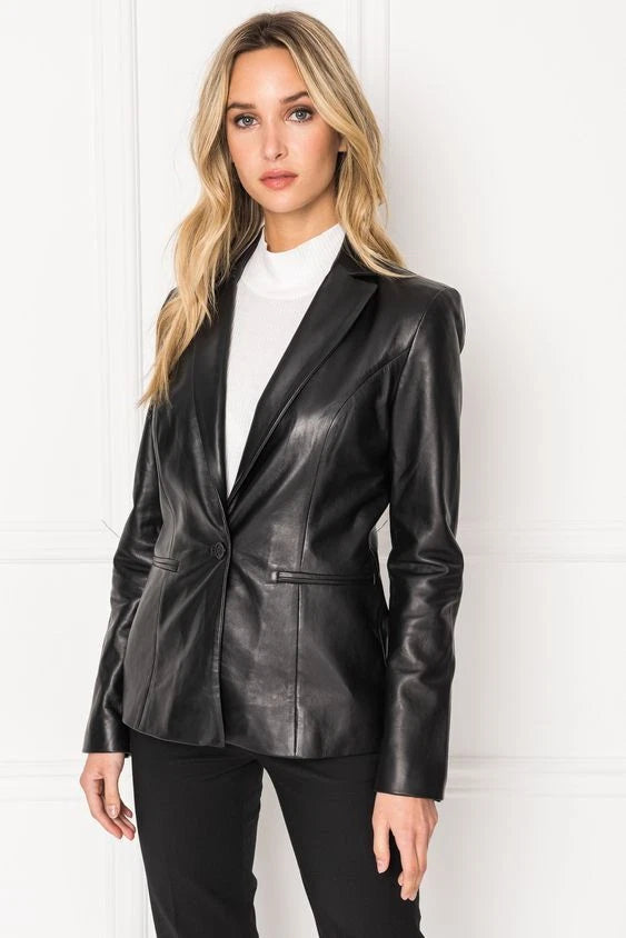 Women's Black Original Leather Blazer with Cinched Waist - Premium Full-Grain Leather Jacket