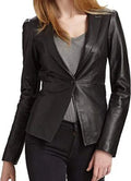 Women's Black Original Leather Blazer with Peplum Waist - Premium Full-Grain Leather Jacket