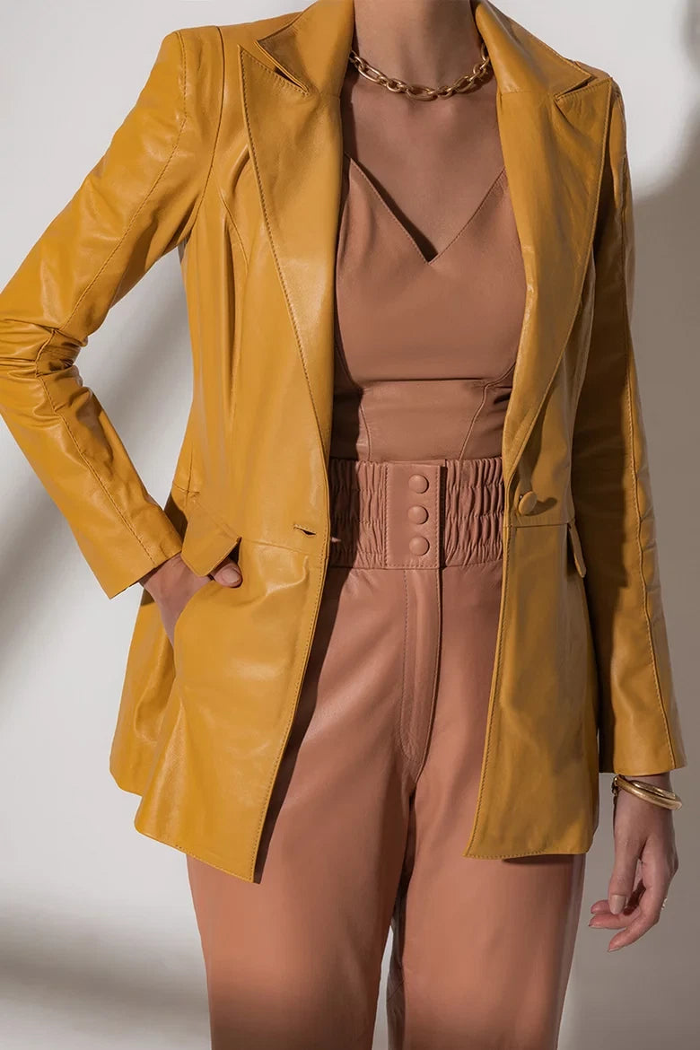 Women's Mustard Yellow Original Leather Blazer - Premium Full-Grain Leather Jacket