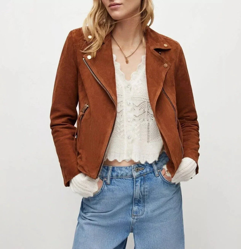 Women's Cognac Brown Suede Original Leather Moto Jacket - Premium Full-Grain Handcrafted