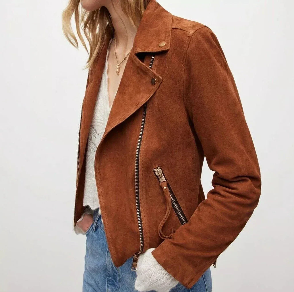 Women's Cognac Brown Suede Original Leather Moto Jacket - Premium Full-Grain Handcrafted