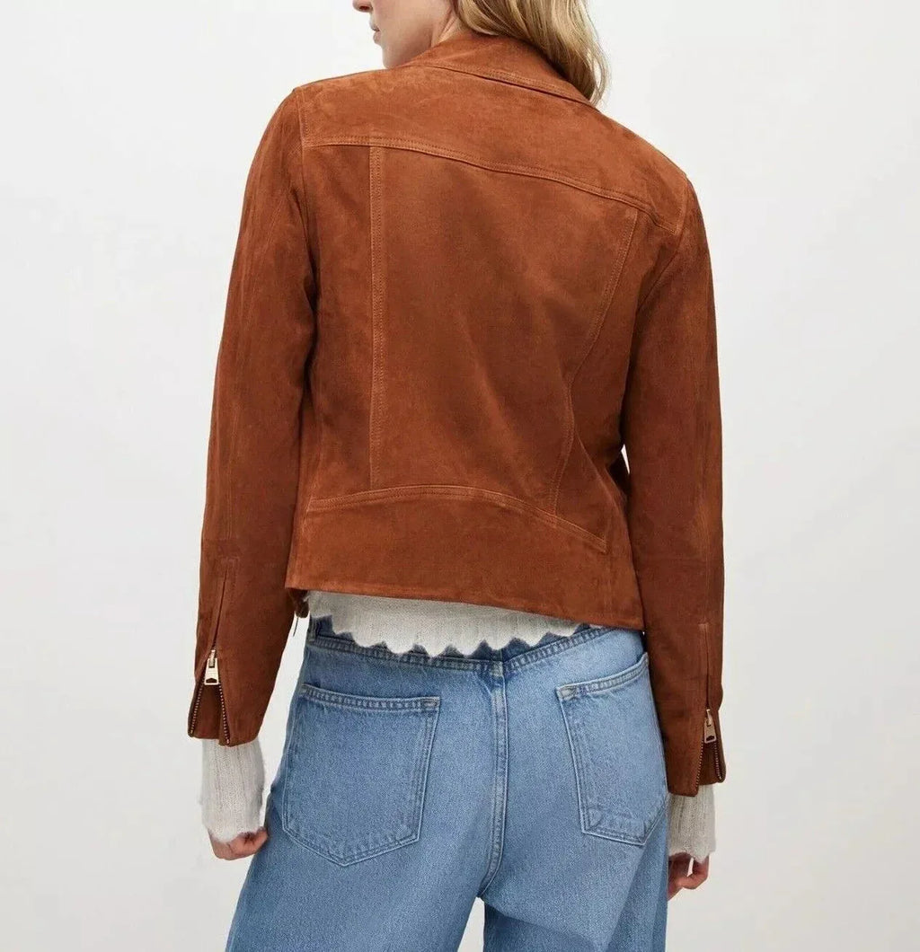 Women's Cognac Brown Suede Original Leather Moto Jacket - Premium Full-Grain Handcrafted