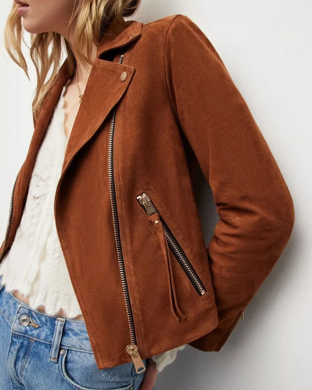Women's Cognac Brown Suede Original Leather Moto Jacket - Premium Full-Grain Handcrafted