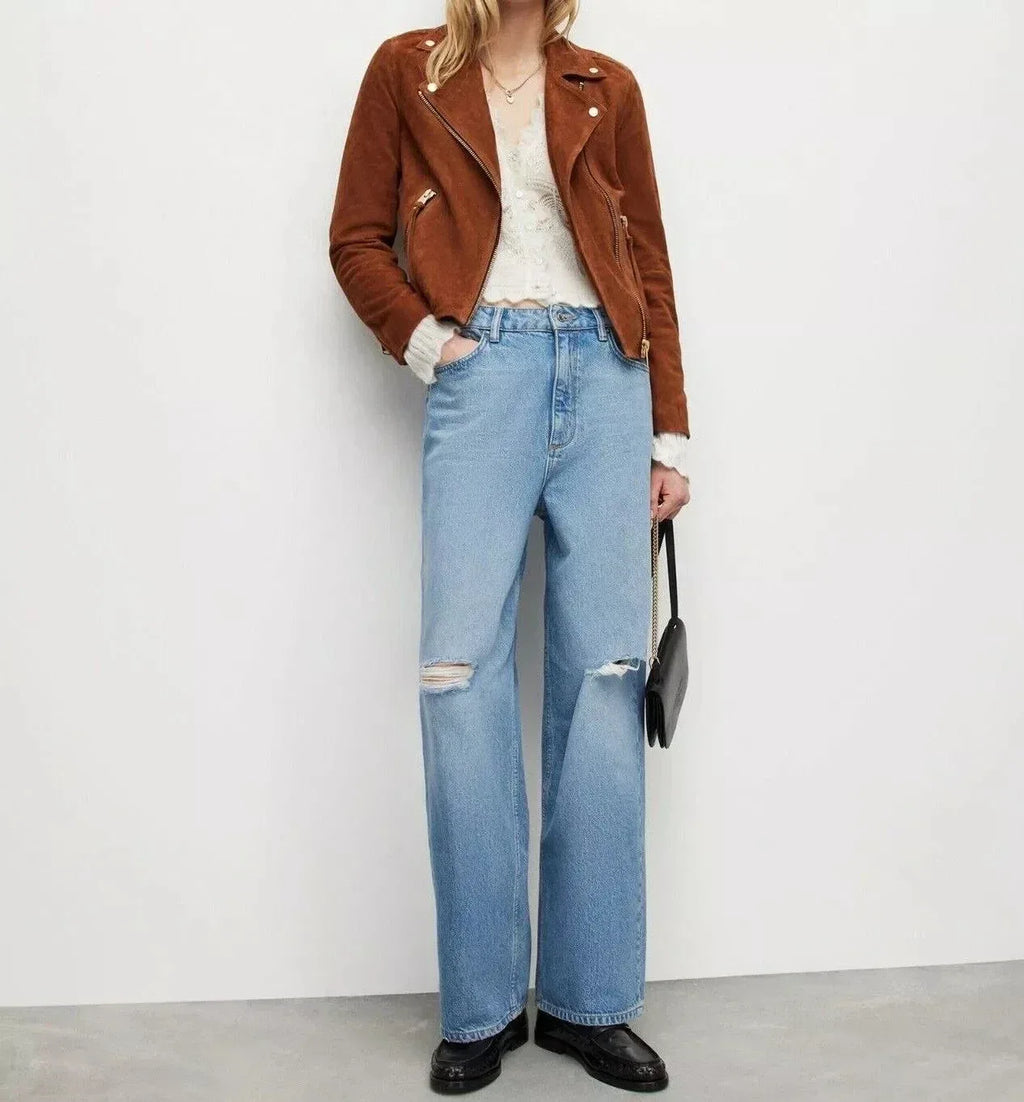 Women's Cognac Brown Suede Original Leather Moto Jacket - Premium Full-Grain Handcrafted