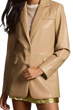 Women's Beige Original Leather Blazer with Gold Buttons - Premium Full-Grain Leather Jacket
