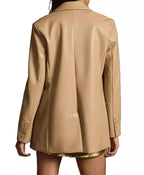 Women's Beige Original Leather Blazer with Gold Buttons - Premium Full-Grain Leather Jacket