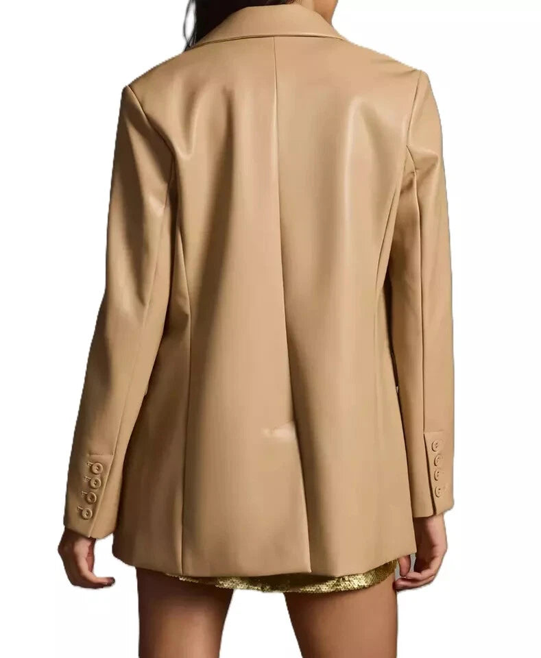 Women's Beige Original Leather Blazer with Gold Buttons - Premium Full-Grain Leather Jacket