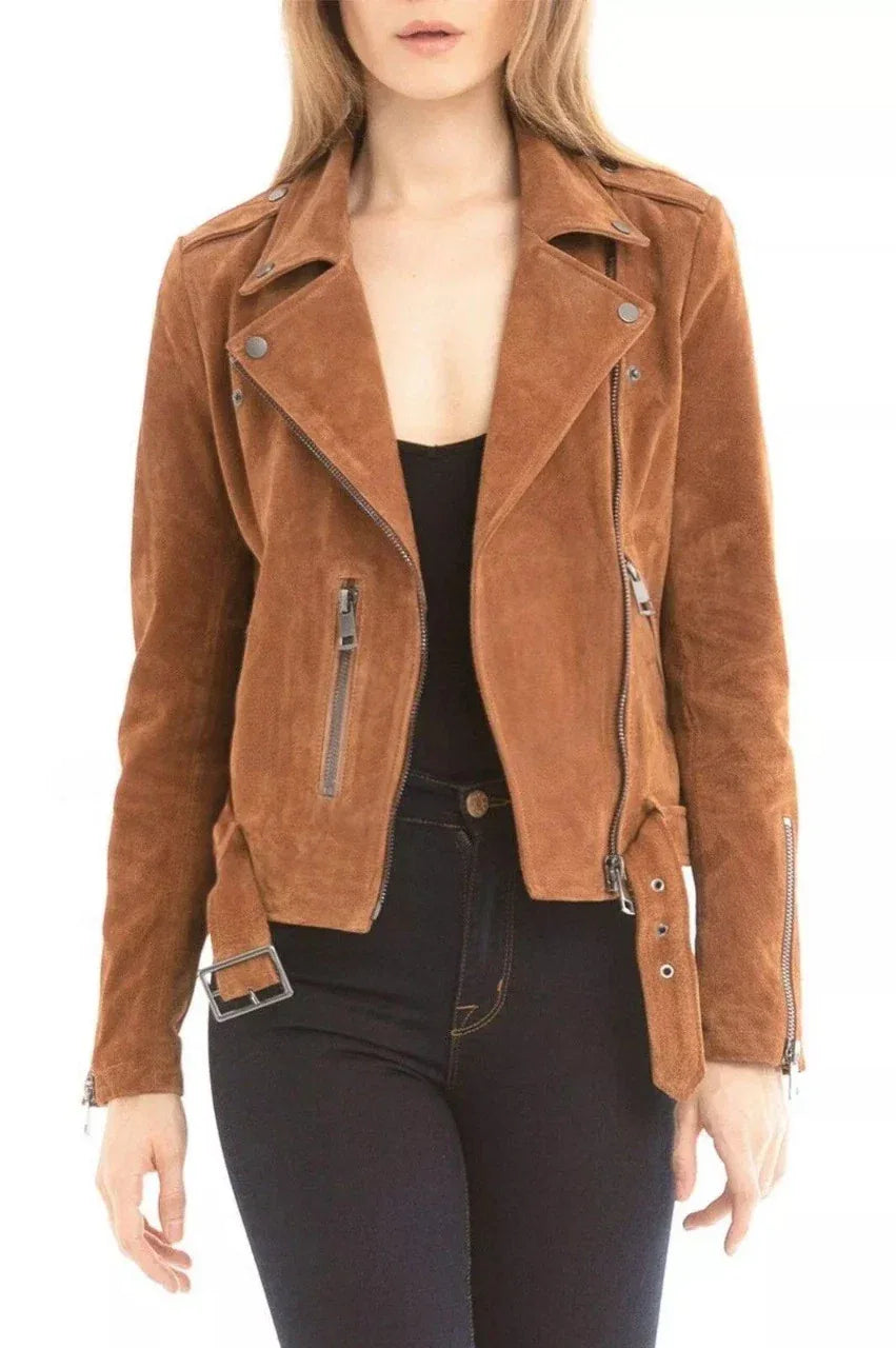 Women's Tan Brown Suede Leather Moto Original Jacket with Belt - Premium Full-Grain Handcrafted