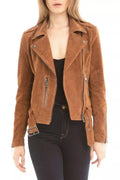Women's Tan Brown Suede Leather Moto Original Jacket with Belt - Premium Full-Grain Handcrafted