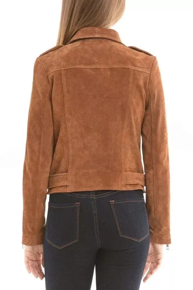 Women's Tan Brown Suede Leather Moto Original Jacket with Belt - Premium Full-Grain Handcrafted