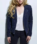 Women's Navy Blue Original Suede Leather Moto Jacket - Premium Full-Grain Handcrafted Classic