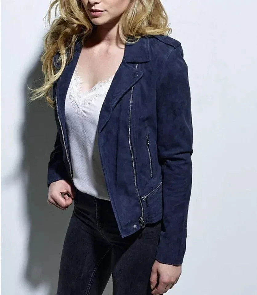 Women's Navy Blue Original Suede Leather Moto Jacket - Premium Full-Grain Handcrafted Classic