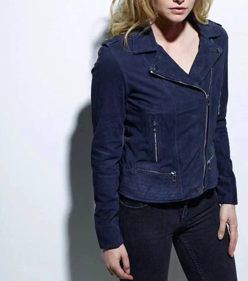 Women's Navy Blue Original Suede Leather Moto Jacket - Premium Full-Grain Handcrafted Classic