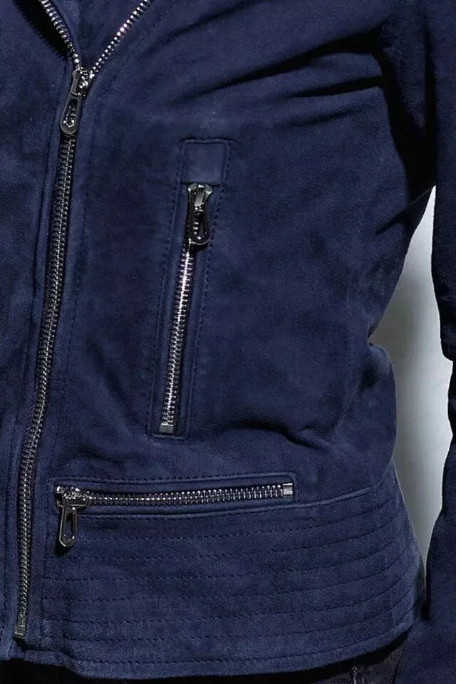 Women's Navy Blue Original Suede Leather Moto Jacket - Premium Full-Grain Handcrafted Classic