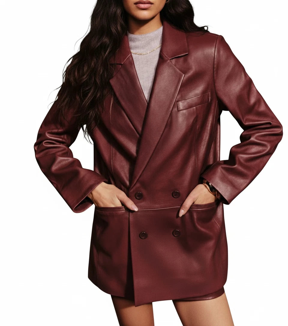Women's Burgundy Leather Original Blazer Dress - Premium Full-Grain Leather Jacket