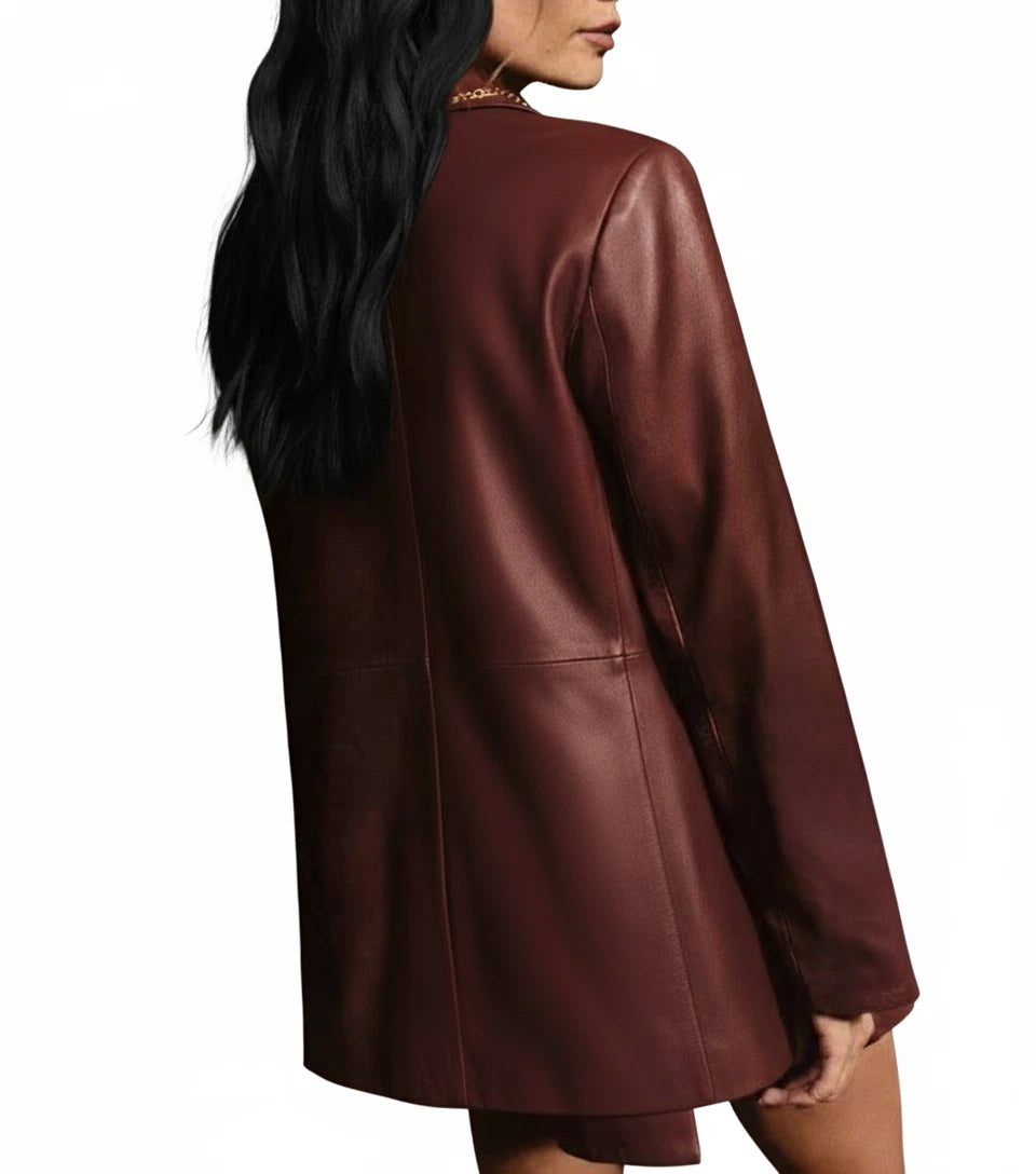 Women's Burgundy Leather Original Blazer Dress - Premium Full-Grain Leather Jacket
