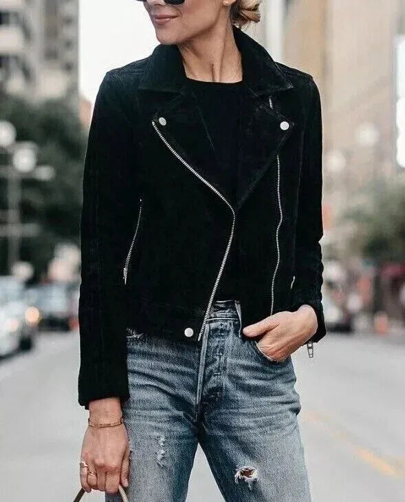 Women's Black Suede Original Leather Moto Jacket - Premium Full-Grain Handcrafted Classic